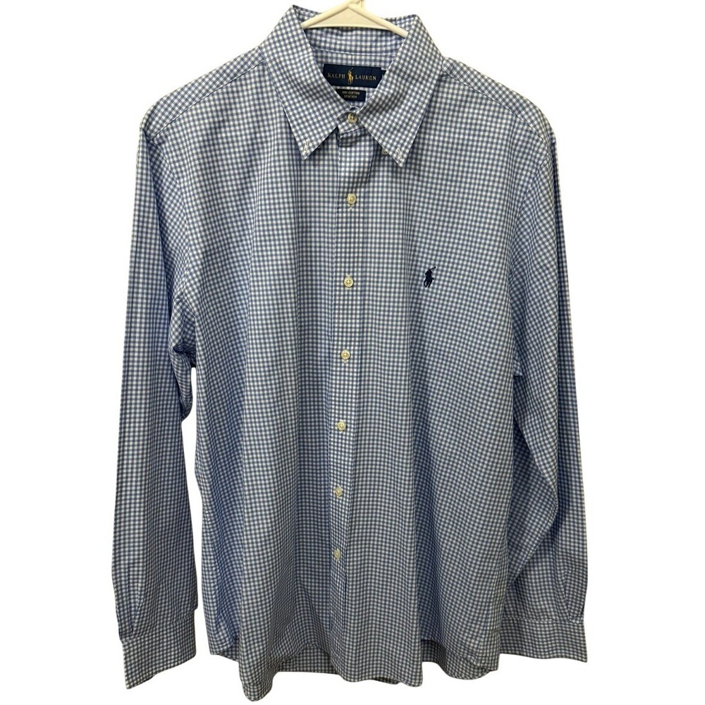 Ralph Lauren Mens Blue Gingham Check Cotton Stretch Button Down Shirt Large L